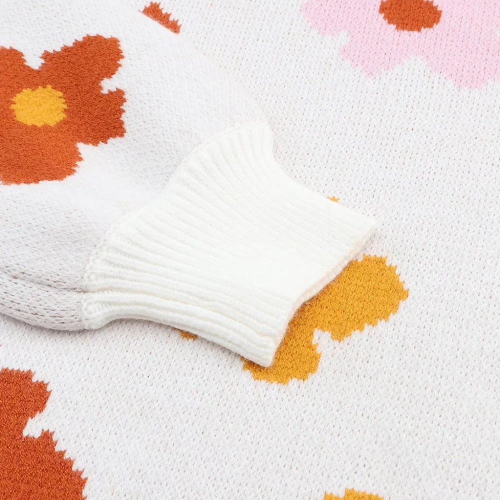 White Sweet Flower Knitted Ribbed Hem Sweater - Picture 11 of 13